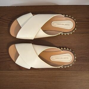 Stuart Weitzman White Leather Crossed Straps Rose Medallion Heel Slides/Sandals